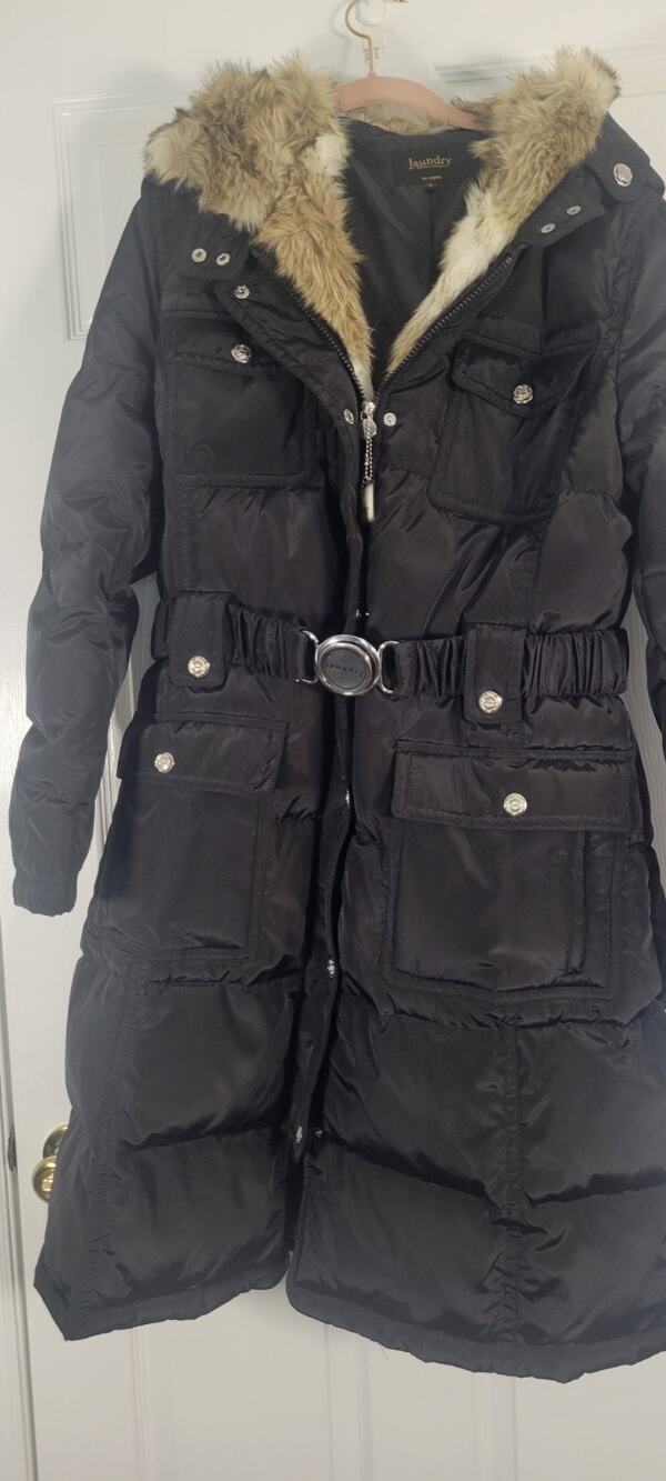 Laundry by Shelli Segal XL Black Down Puffer Coat Faux Fur Hood Belted Parka